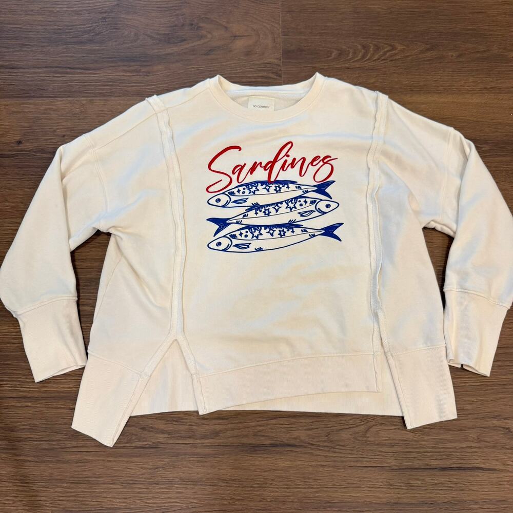 No Comment Sardines Graphic Sweatshirt White Crewneck Pullover Women's M